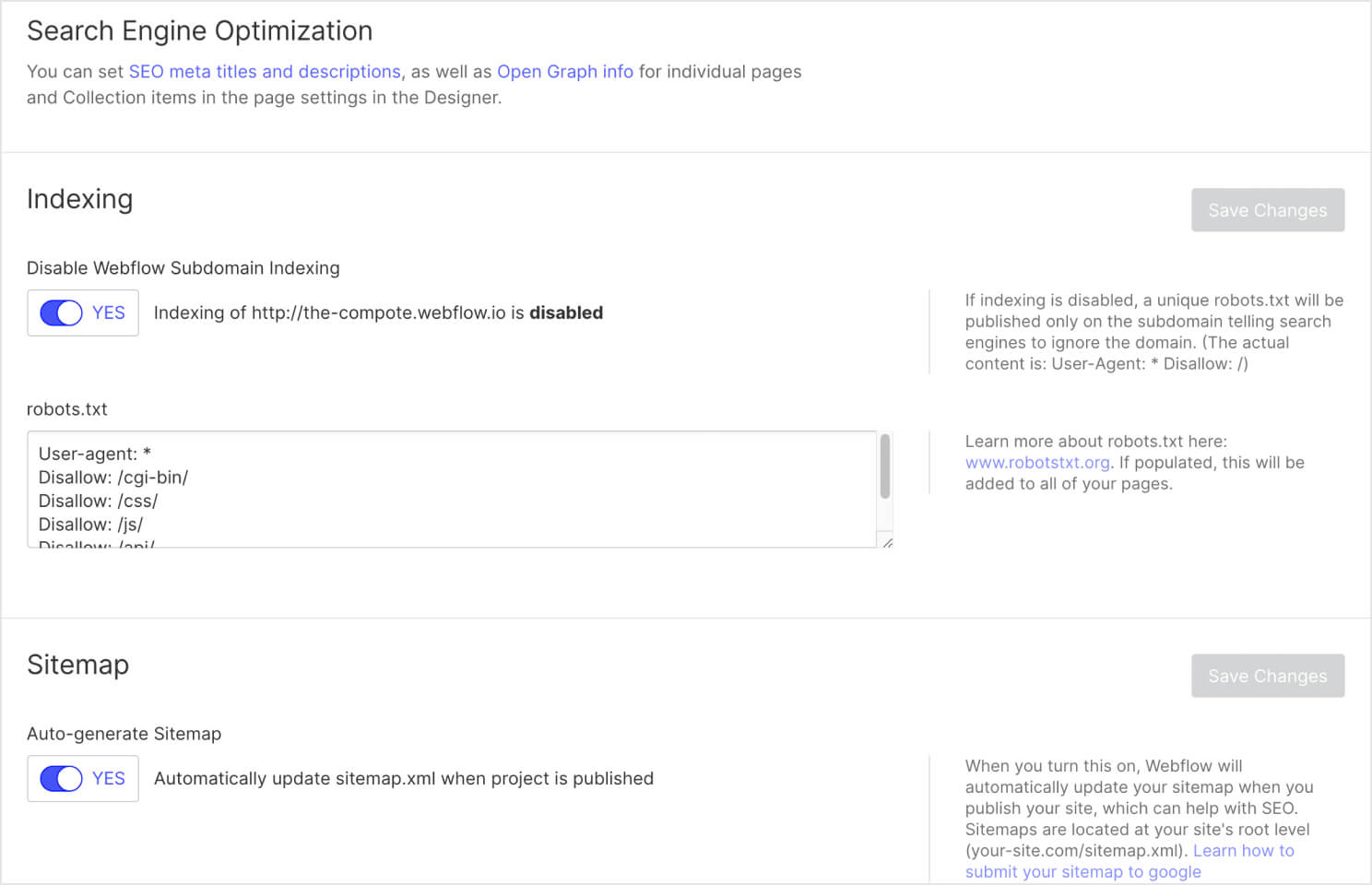 Inside SEO setting in Webflow