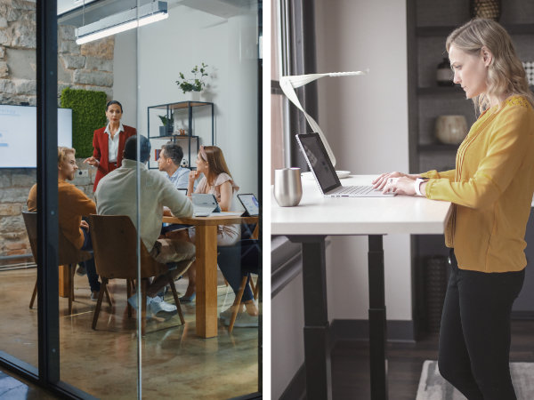 A woman joins a meeting remotely with people sitting in the local conference room.