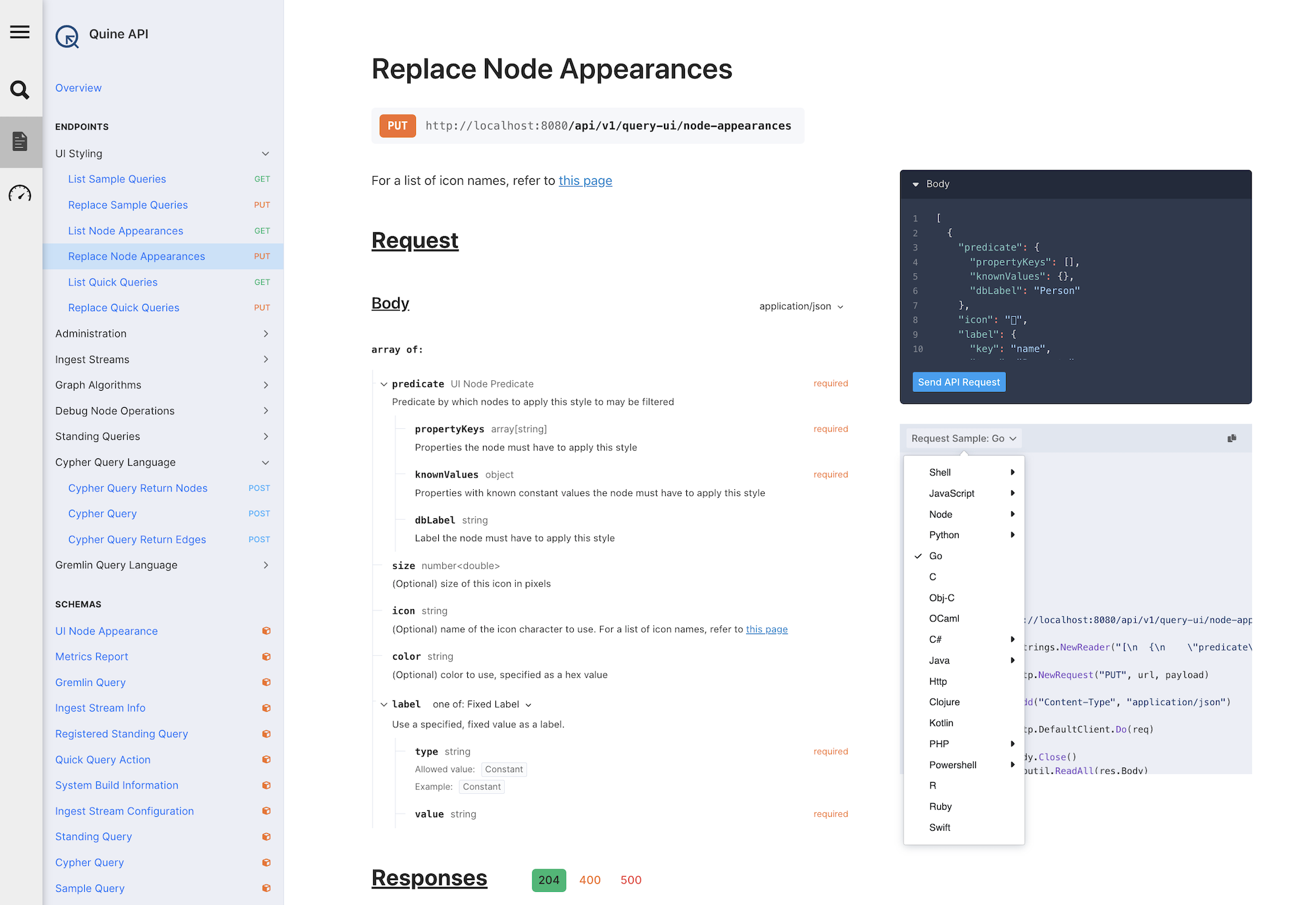 RECENT NODES APPEARANCE API screen shot from Quine. Uses the Stoplight framework.