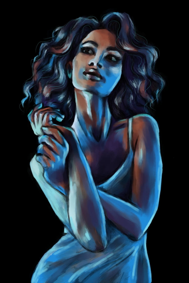 An impressionist painting of a woman in blue and brown tones 