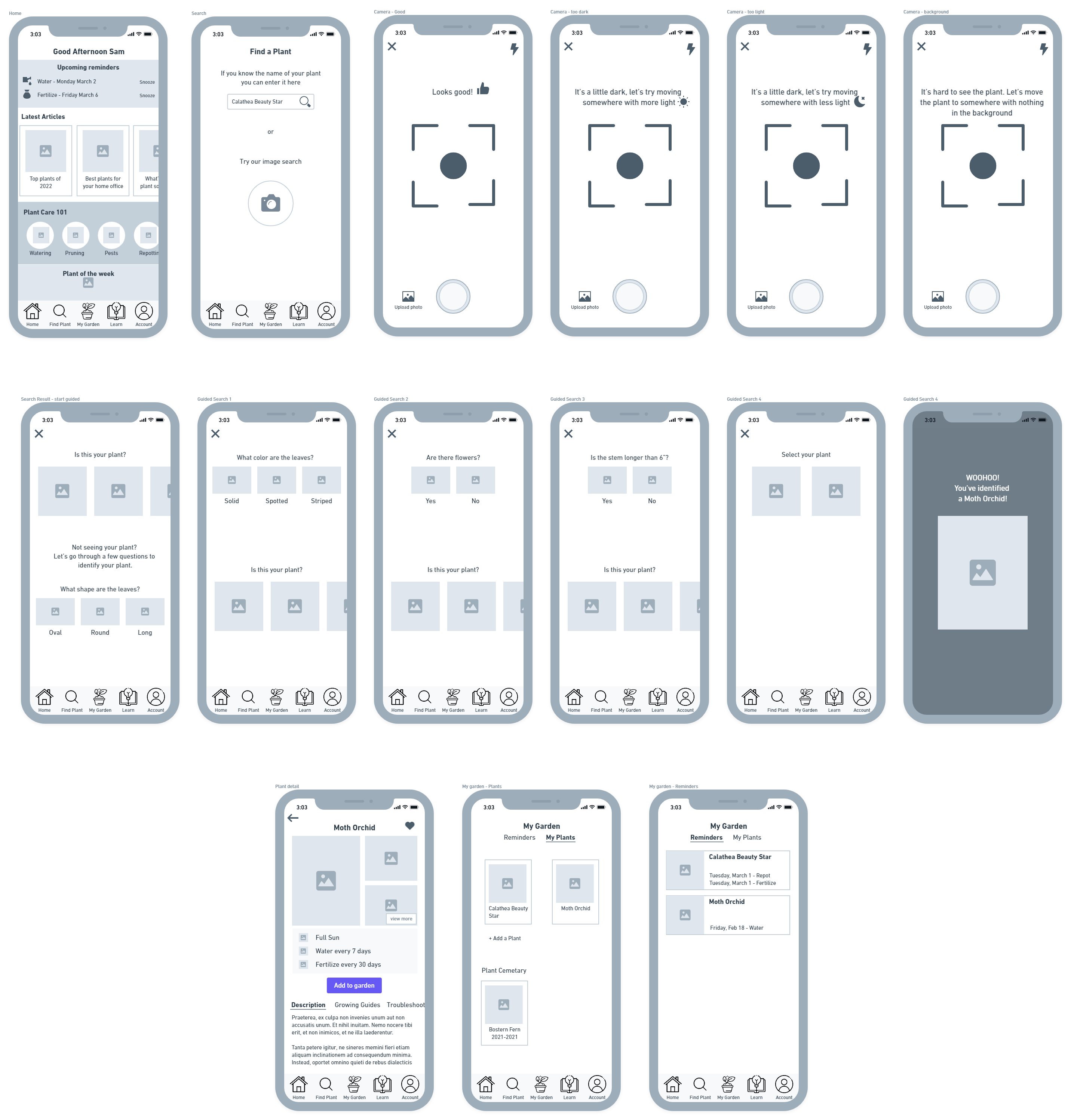 Wireframes for finding a plant flow