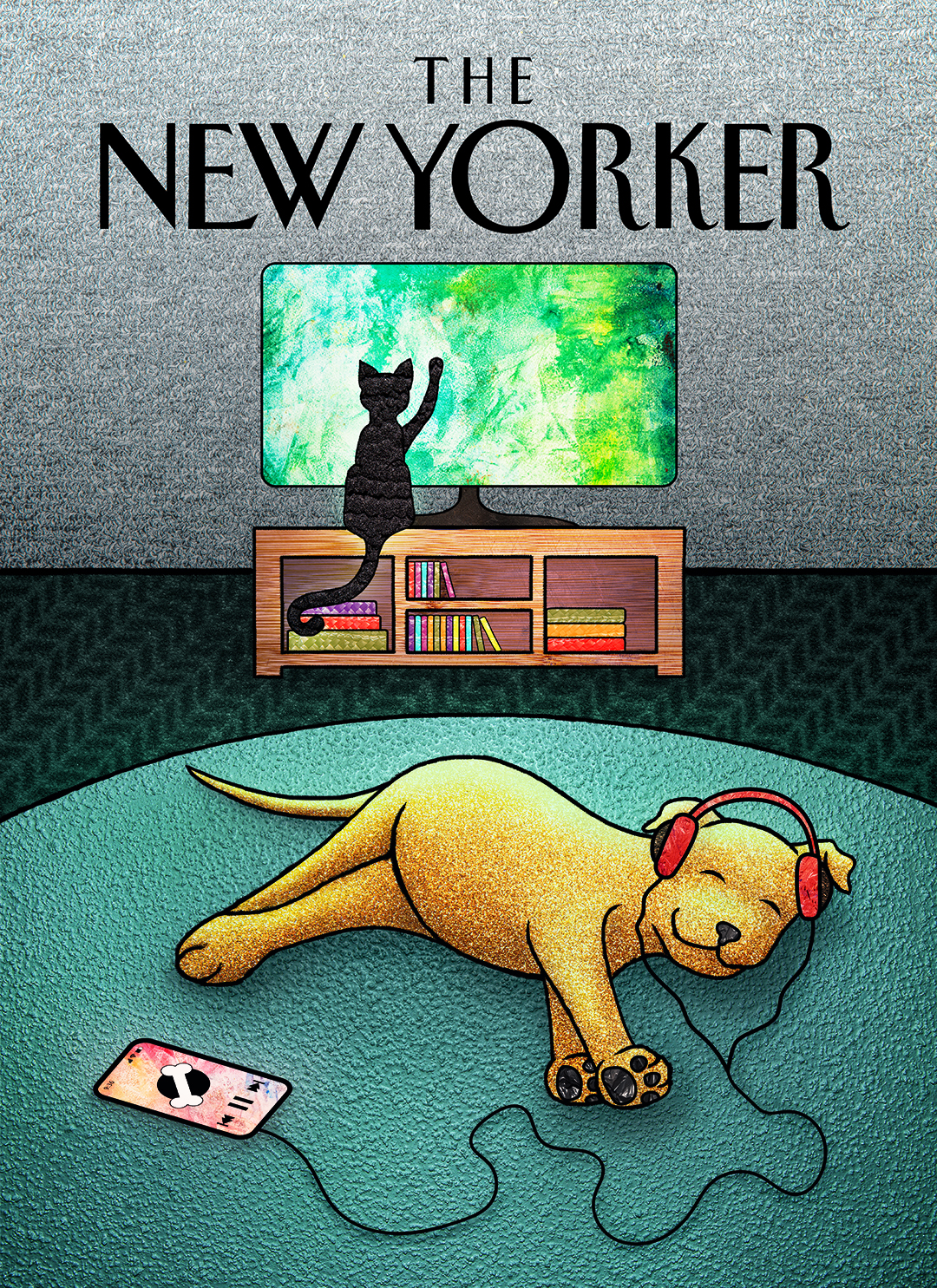 The New Yorker cover illustration of a cat watching tv and a dog listening to music