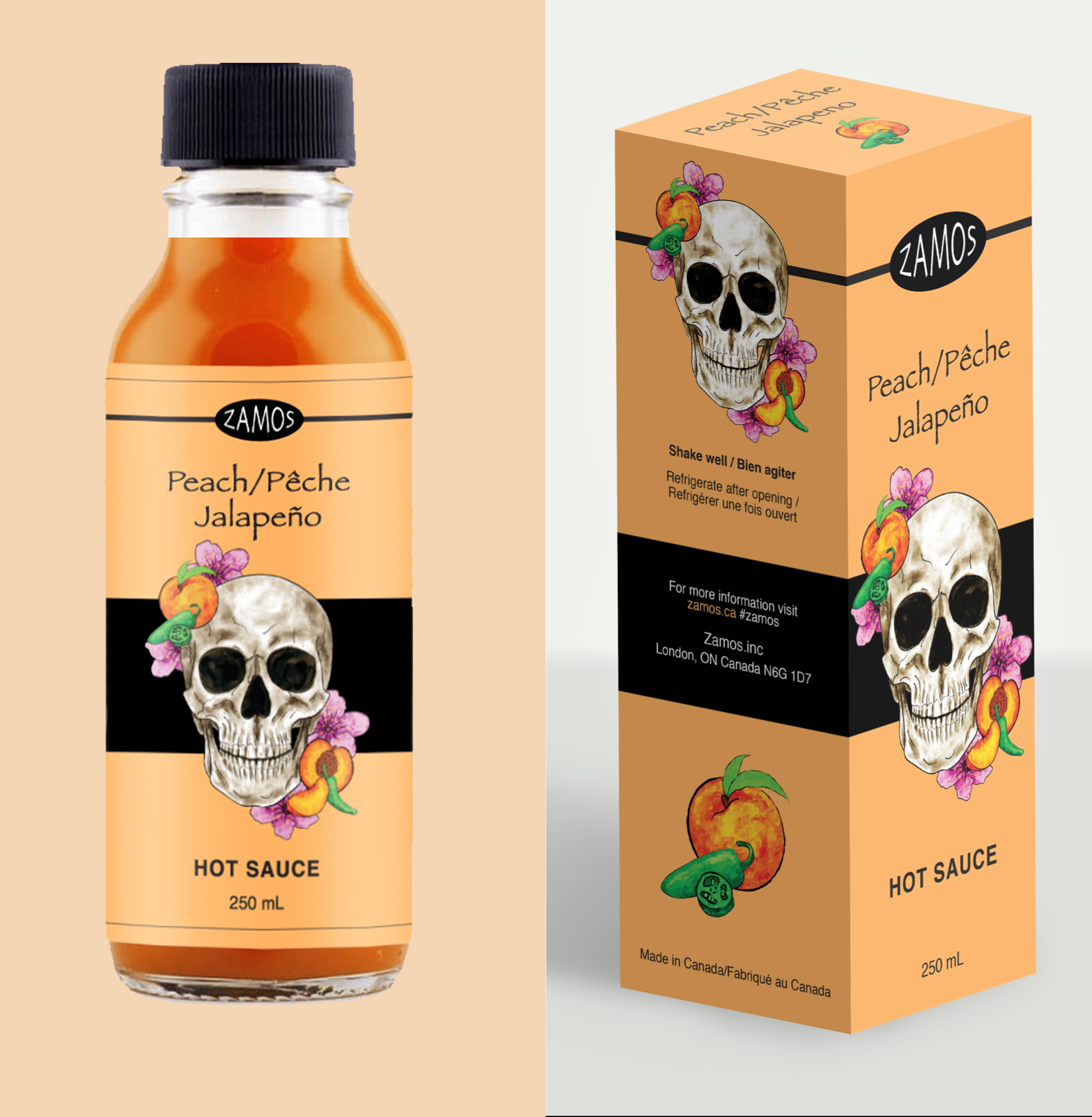 Mockup of hot sauce labels on a bottle and box