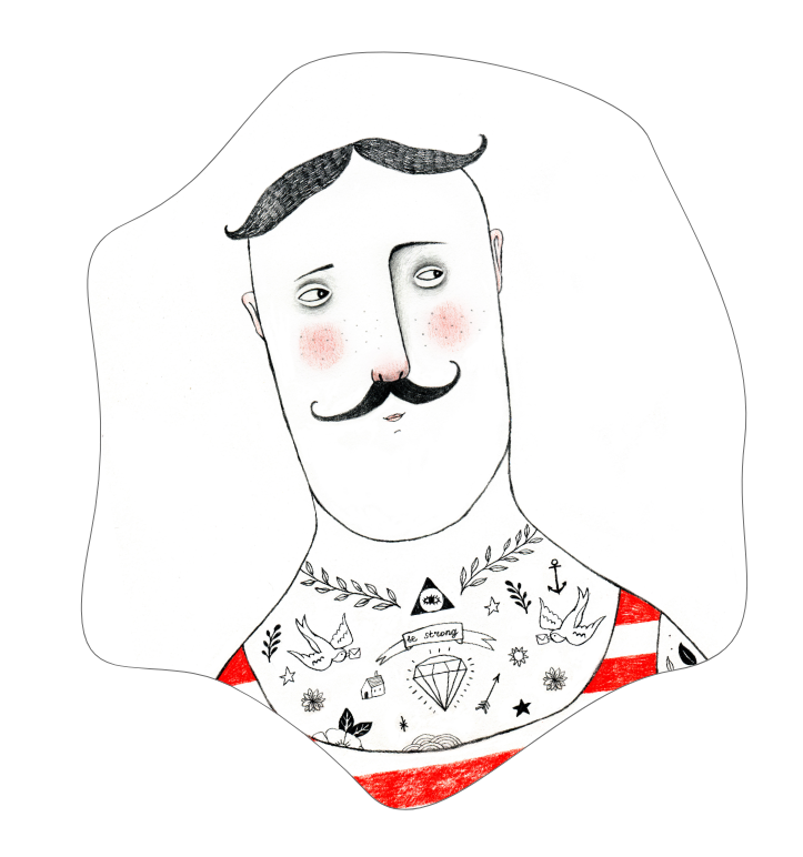 Drawing of a man with a beard and tattoos.