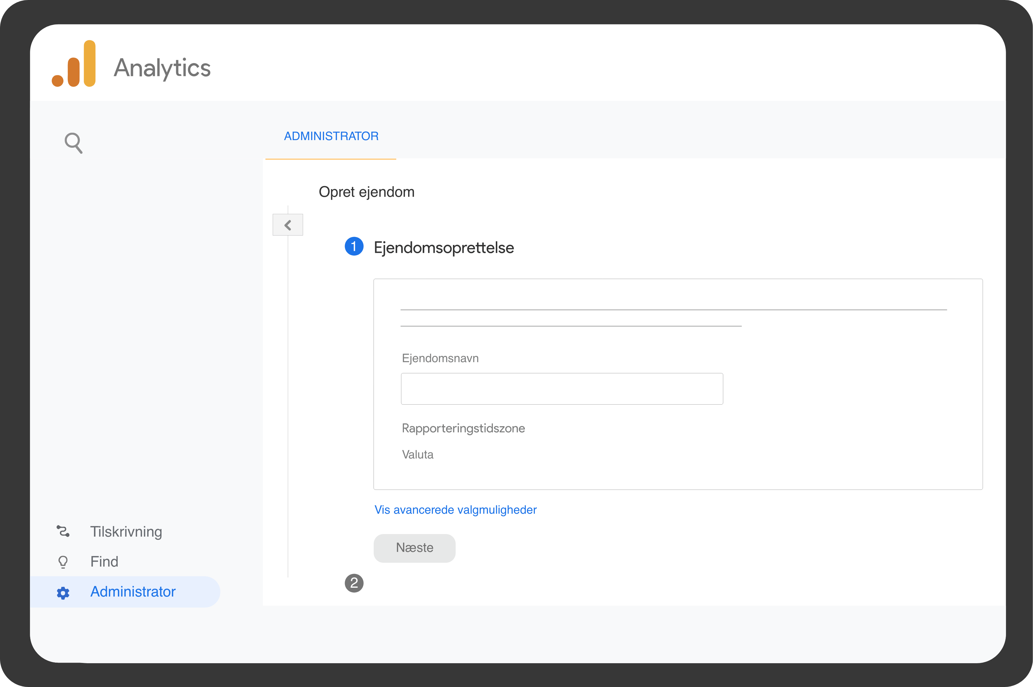 Visning af Ejendomsoprettelse i Google analytics 