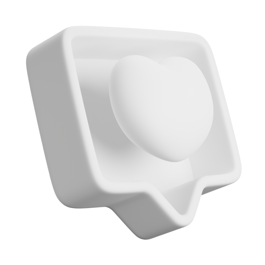 White clay icon of a text bubble with a hearth shape in the middle.