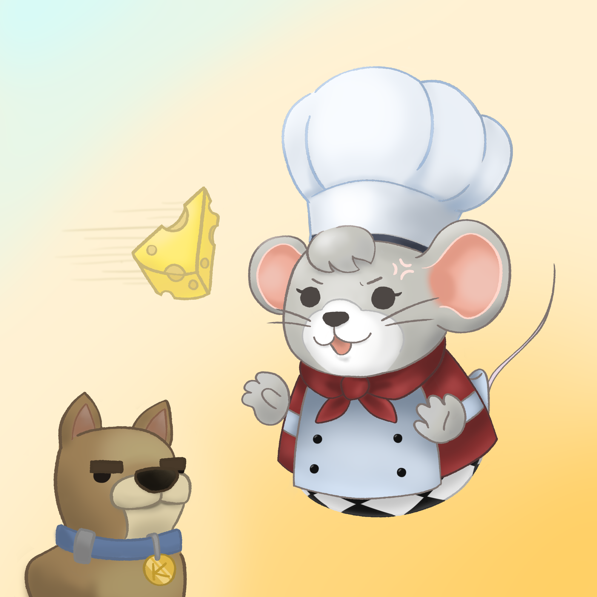Character mouse the chef and Kevin the dog from the video game Overcooked