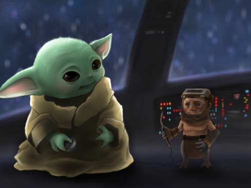 Grogu, known as baby Yoda from Star wars the Mandalorian TV series hanging out with Babu Frik from the franchise.