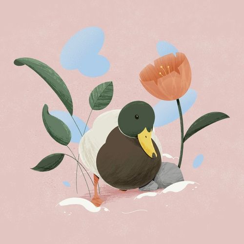 Curious duck in nature with soft pastel colors. Checking out the world.
