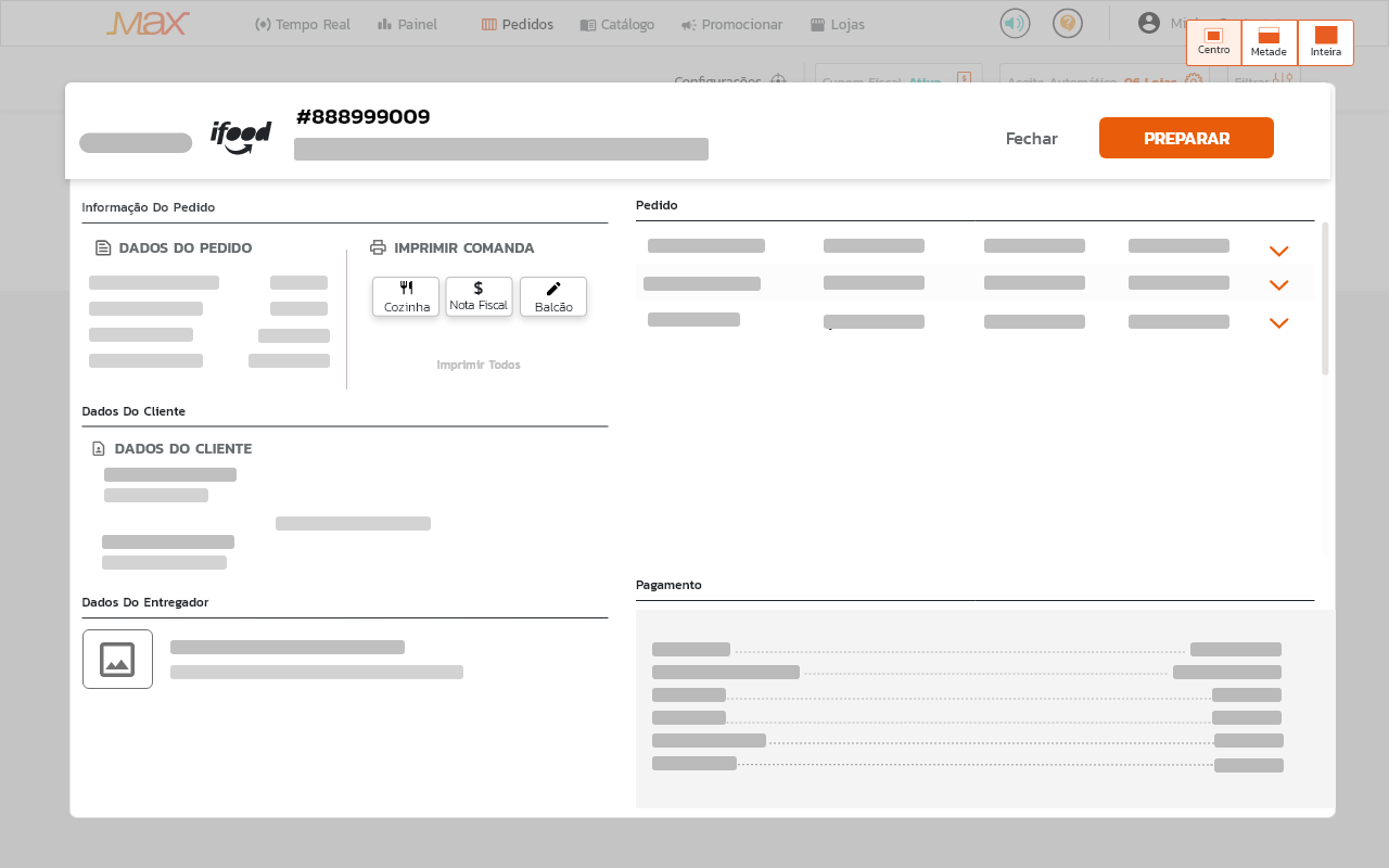 Detalhe da tela de informações de pedidos dentro do Max