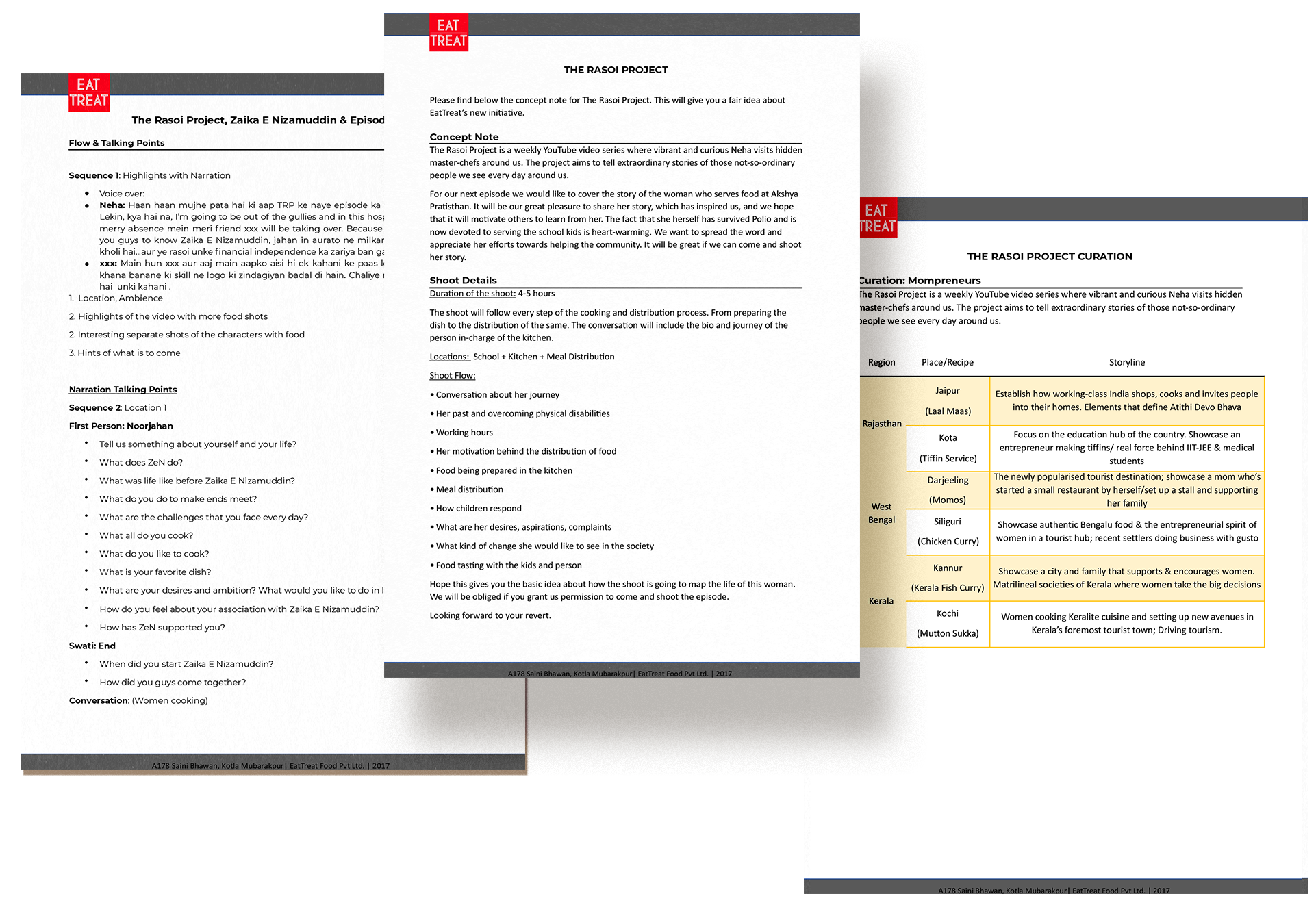 floating mockups of script, curation and conceot details
