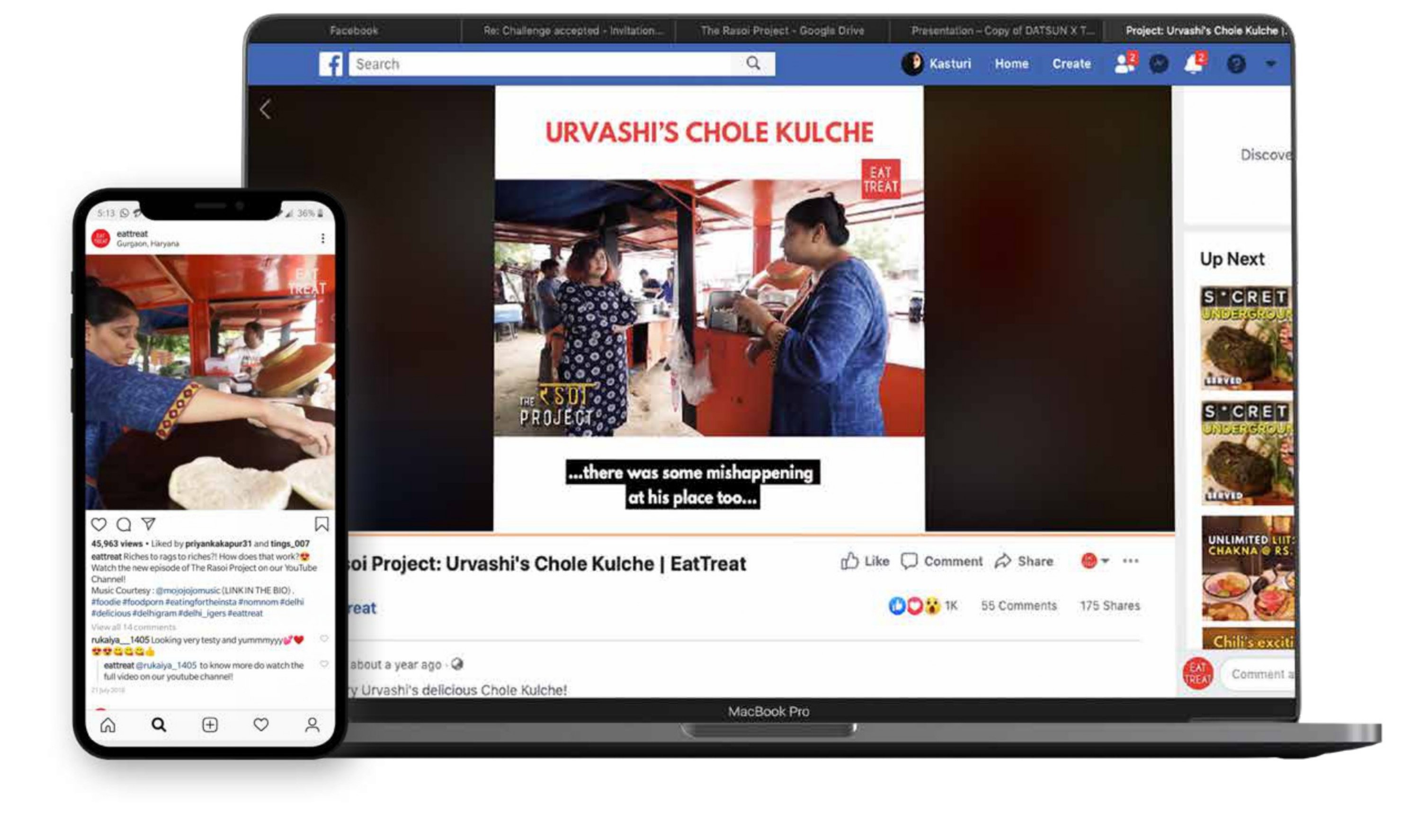mockups of social media channels and thumbnails of the project