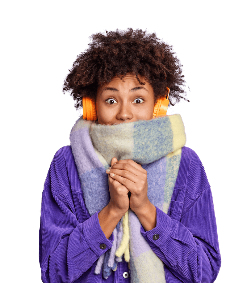 woman wearing big wool scarf and purple puffy jacket