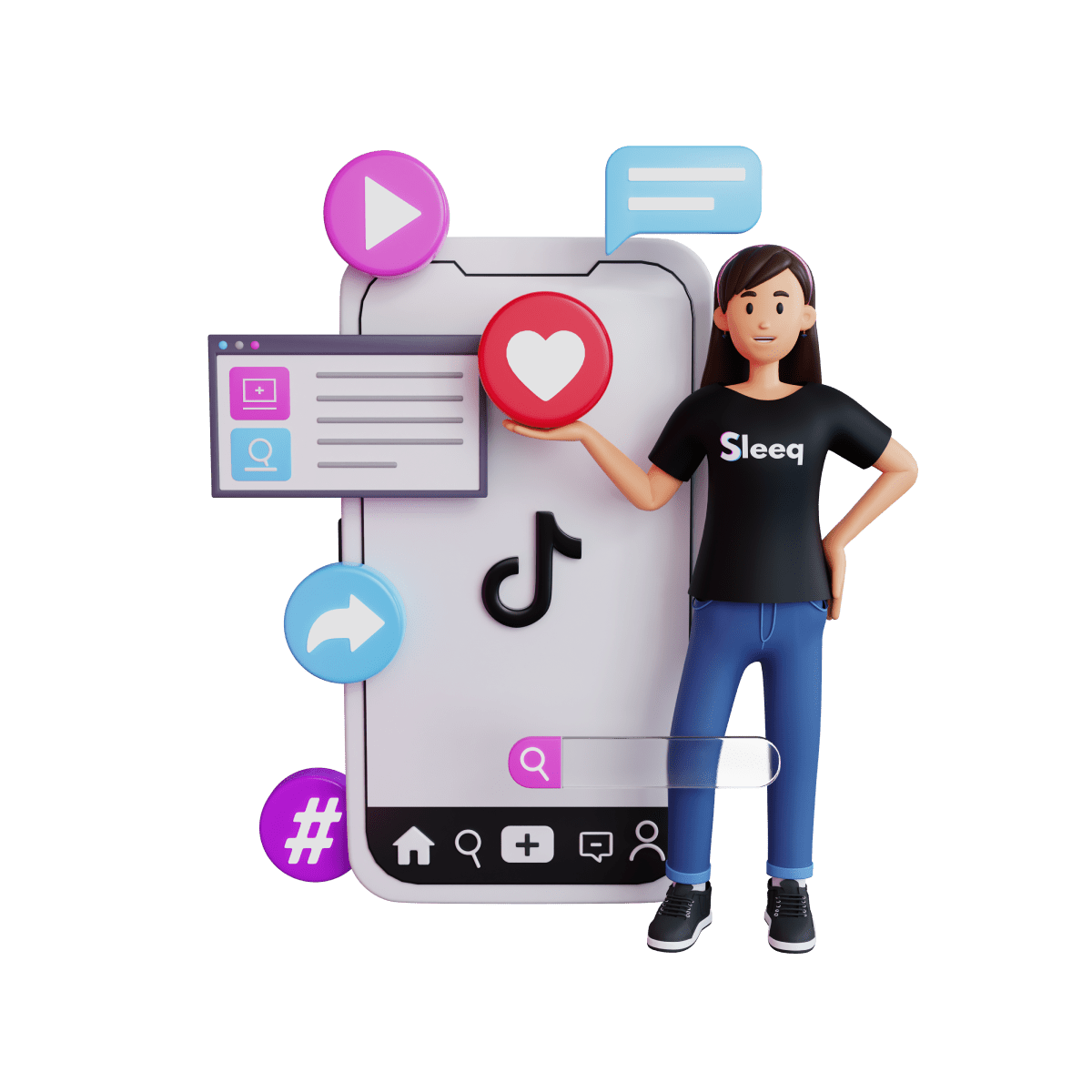 Représentation d'une camapagne de community management sur tiktok avec une femme en 3d