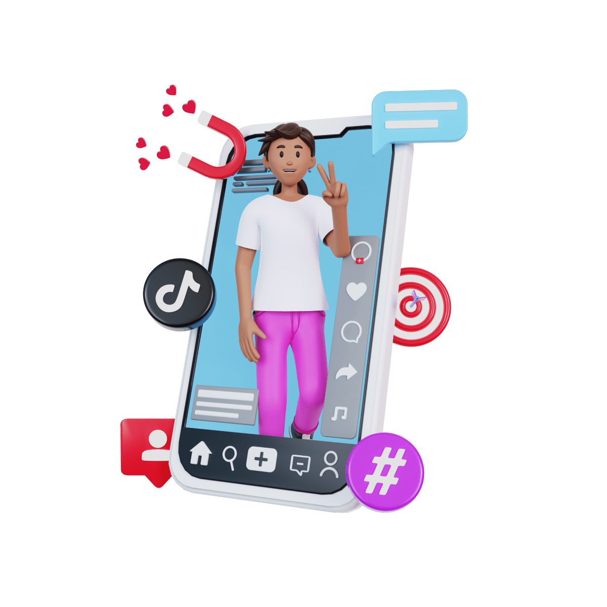 Mockup 3d avec une influenceuse dans un iphone, le logo de tiktok, une icone de cible et un aimant