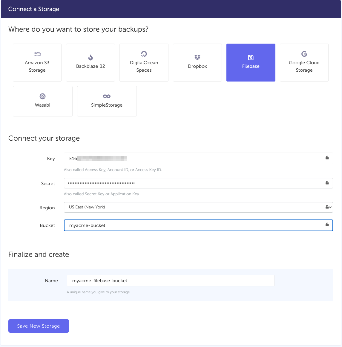 Connect Filebase bucket to SimpleBackups