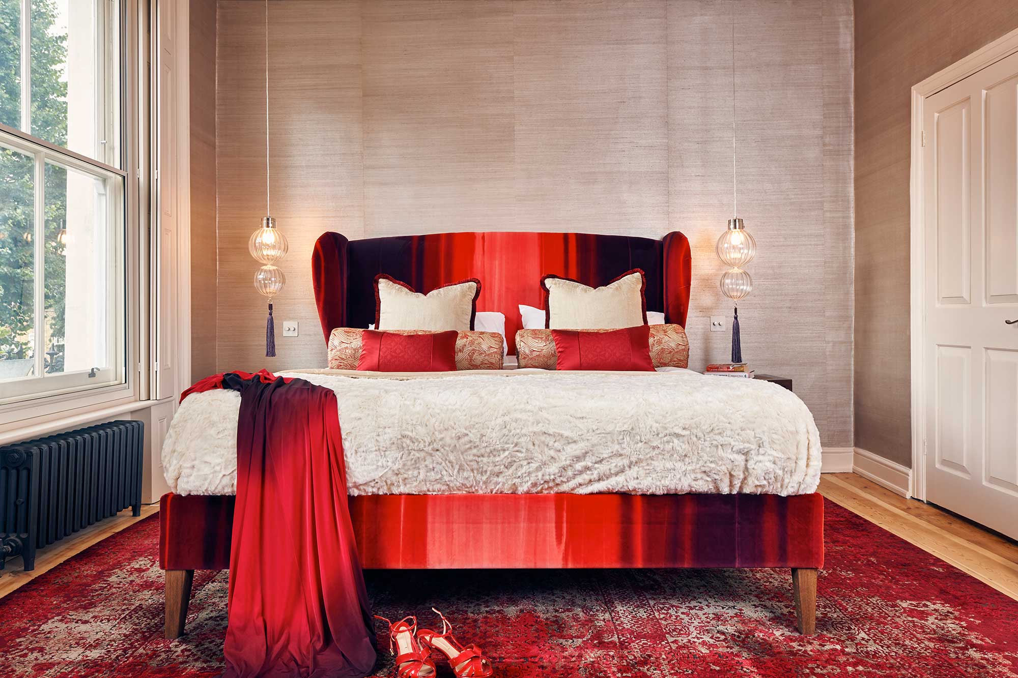 master bedroom with red velvet bedroom