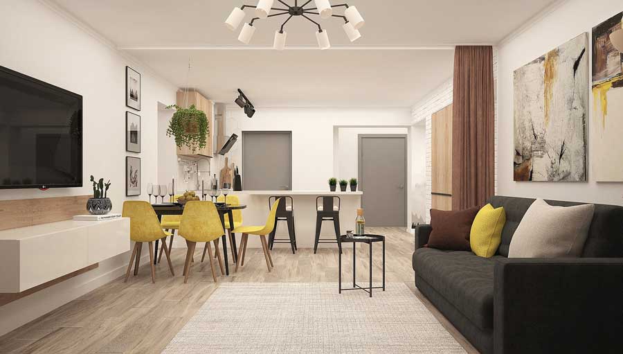 White interior painted kitchen and living room.