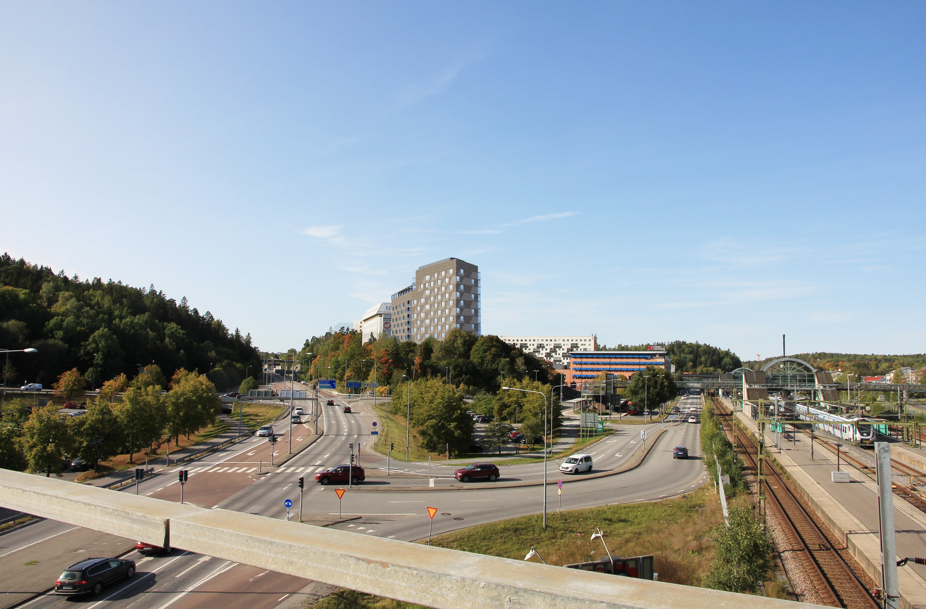 Visualisering: utsikt över byggnaden från Östra infarten Tumba.