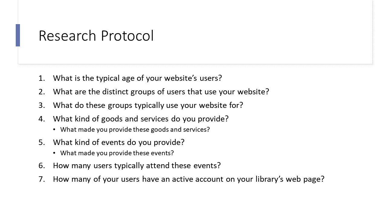 A slide of my survey questions for the public libraries I contacted to gather demographic information of library website users
