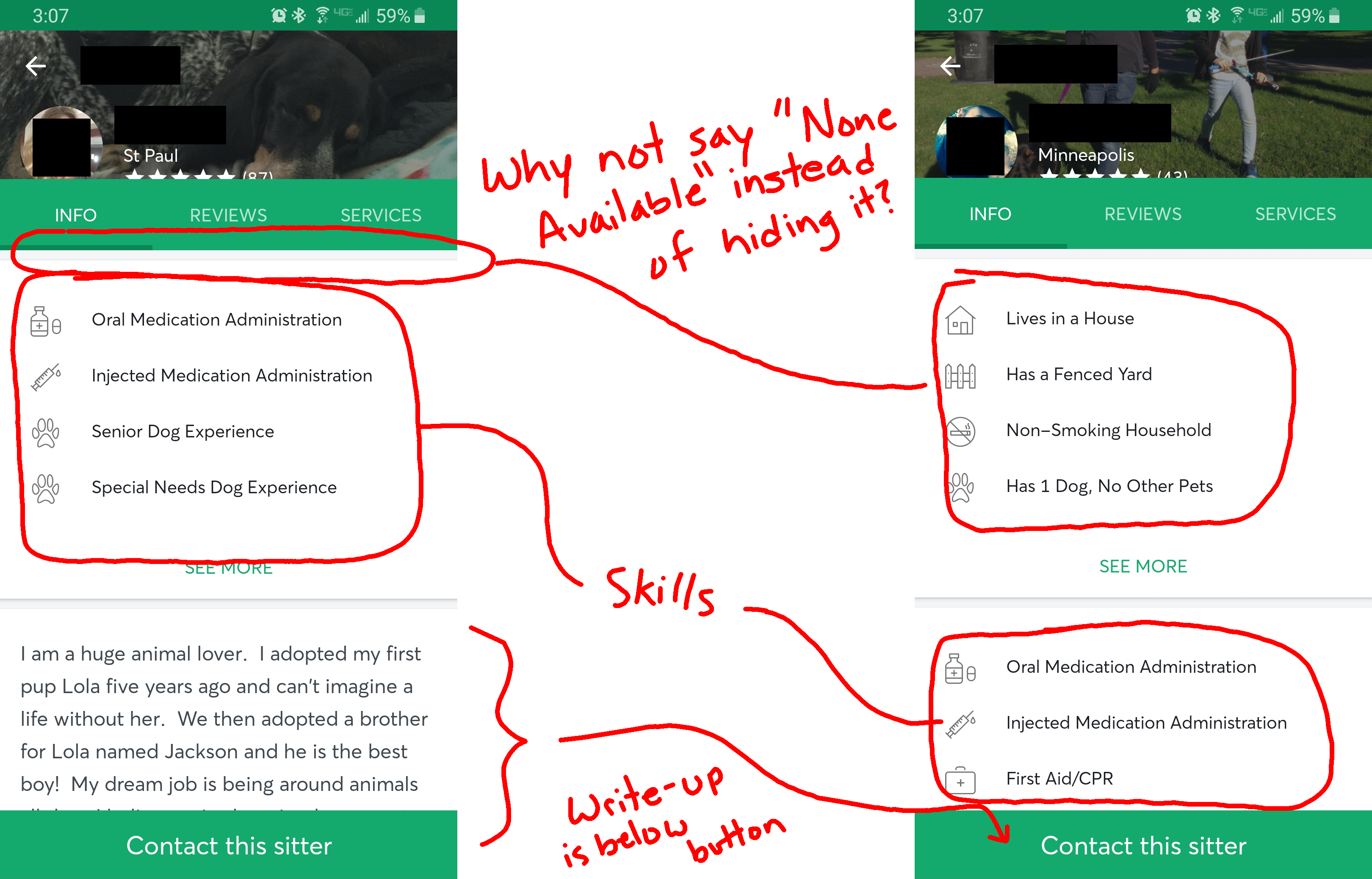 Showing that not all sitters or walkers have the same information displayed (because sections are hidden)