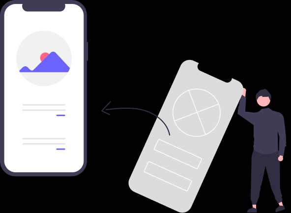 Vector image of a guy holding up 2 giant phones showing a mobile first UI design