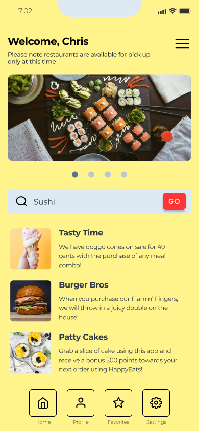Happy eats mobile app hi fidelity home screen design