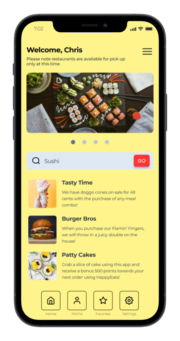 Happy eats mobile app hi fidelity mockup welcome screen shown on iphone.