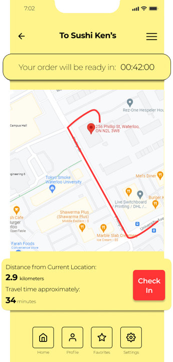 Happy eats mobile app hi fidelity mockup shown with the time and distance emphasized showing how much time till the order is ready