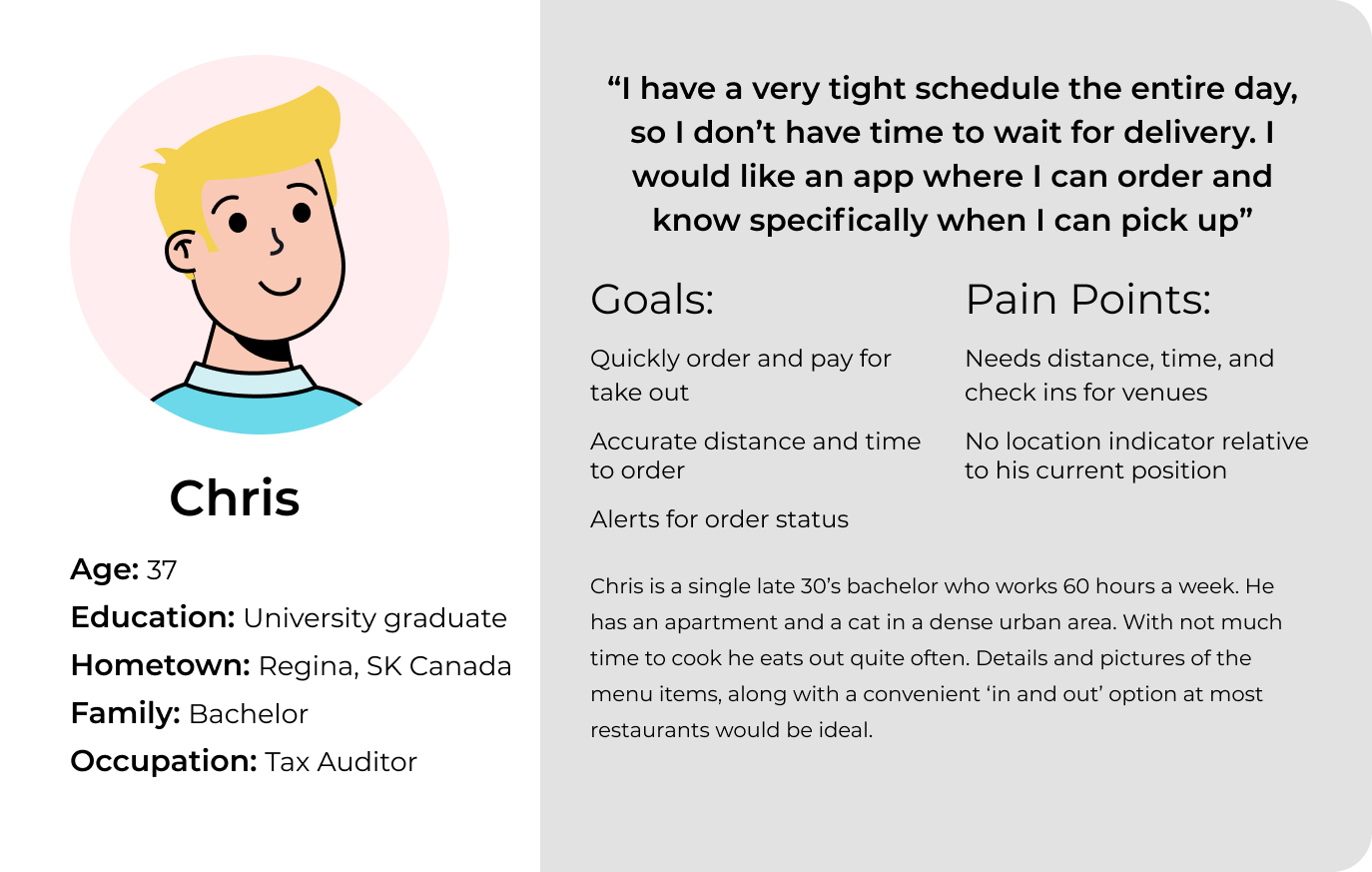 Happy eats mobile app user persona. Chris Handsome is his name with descriptions of his pain points when using other menu apps, and personal information