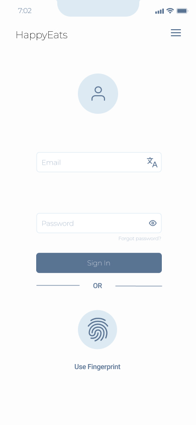 Happy eats mobile app low fidelity digital wire frame login screen