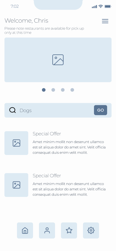 Happy eats mobile app low fidelity digital wire frame welcome screen