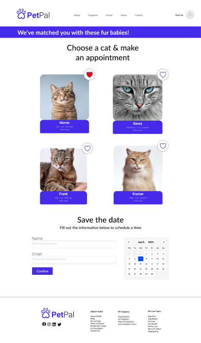 Pet pal web app on desktop showing the appointment screen in a hi fidelity mockup
