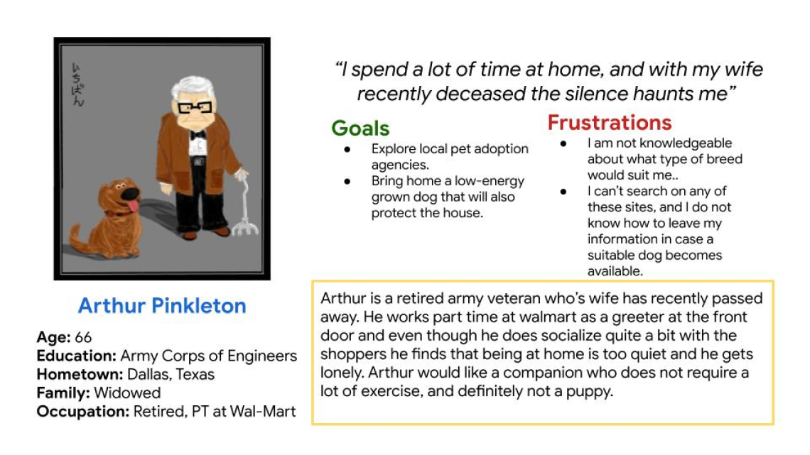 Pet pal web application slide image showing the user persona that the design will be based from.