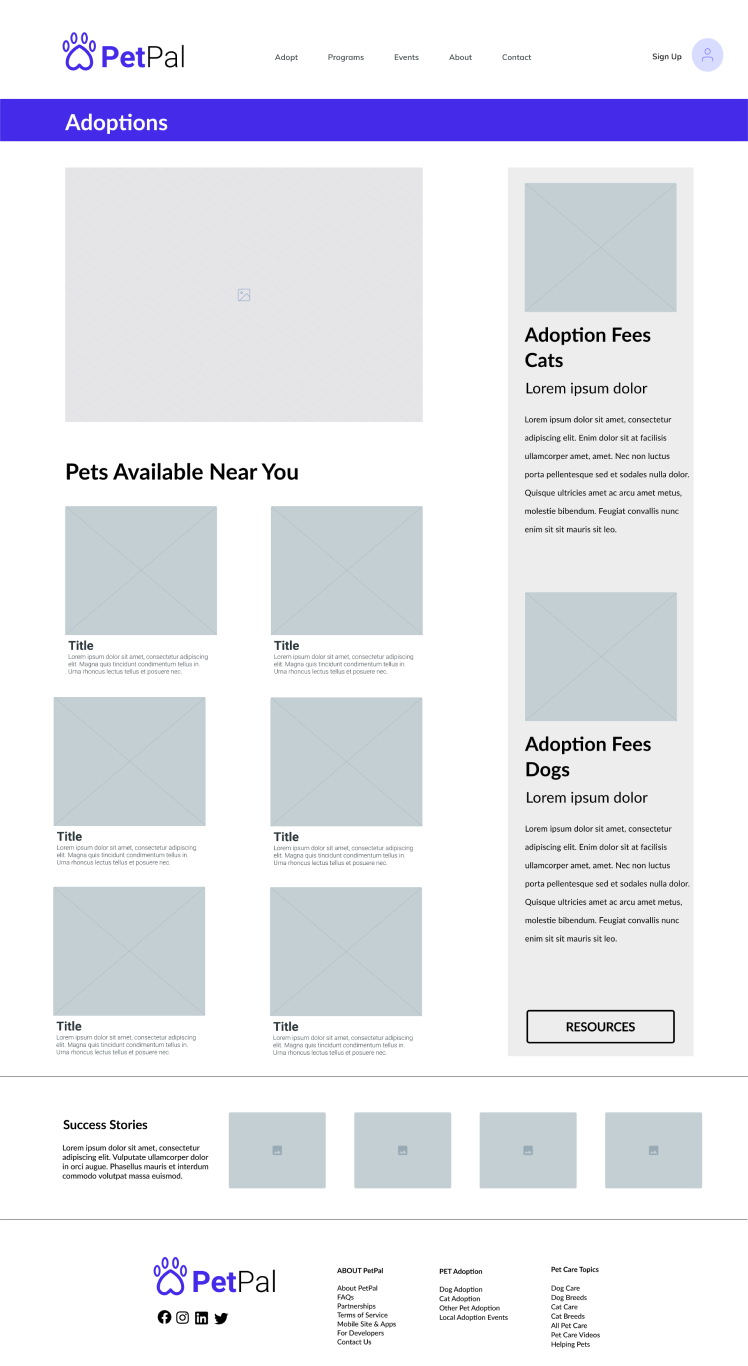 Pet pal web application low fidelity wire frame that shows pricing, pets available, and success stories