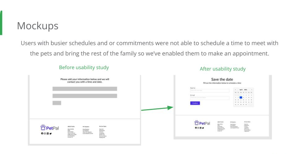 Pet pal slide image showing the before and after mockup designed after the usability study with the appointment booking time improved.