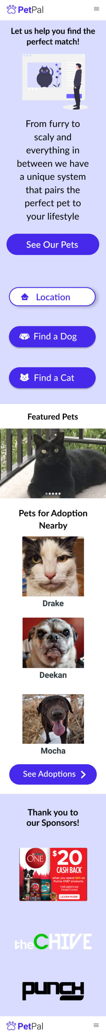 Pet pal web application on mobile, entire home page layout shown.