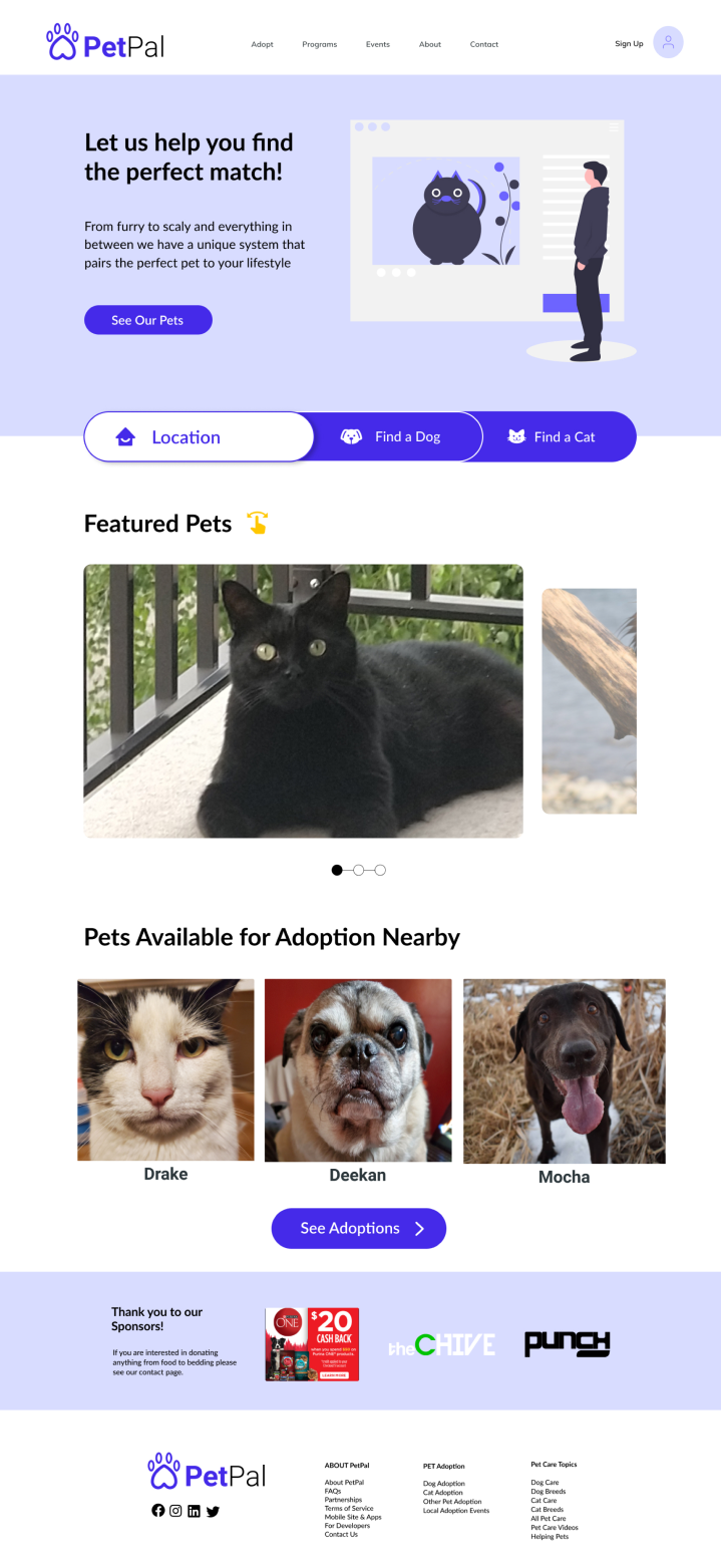 Pet pal home page final design, entire layout shown