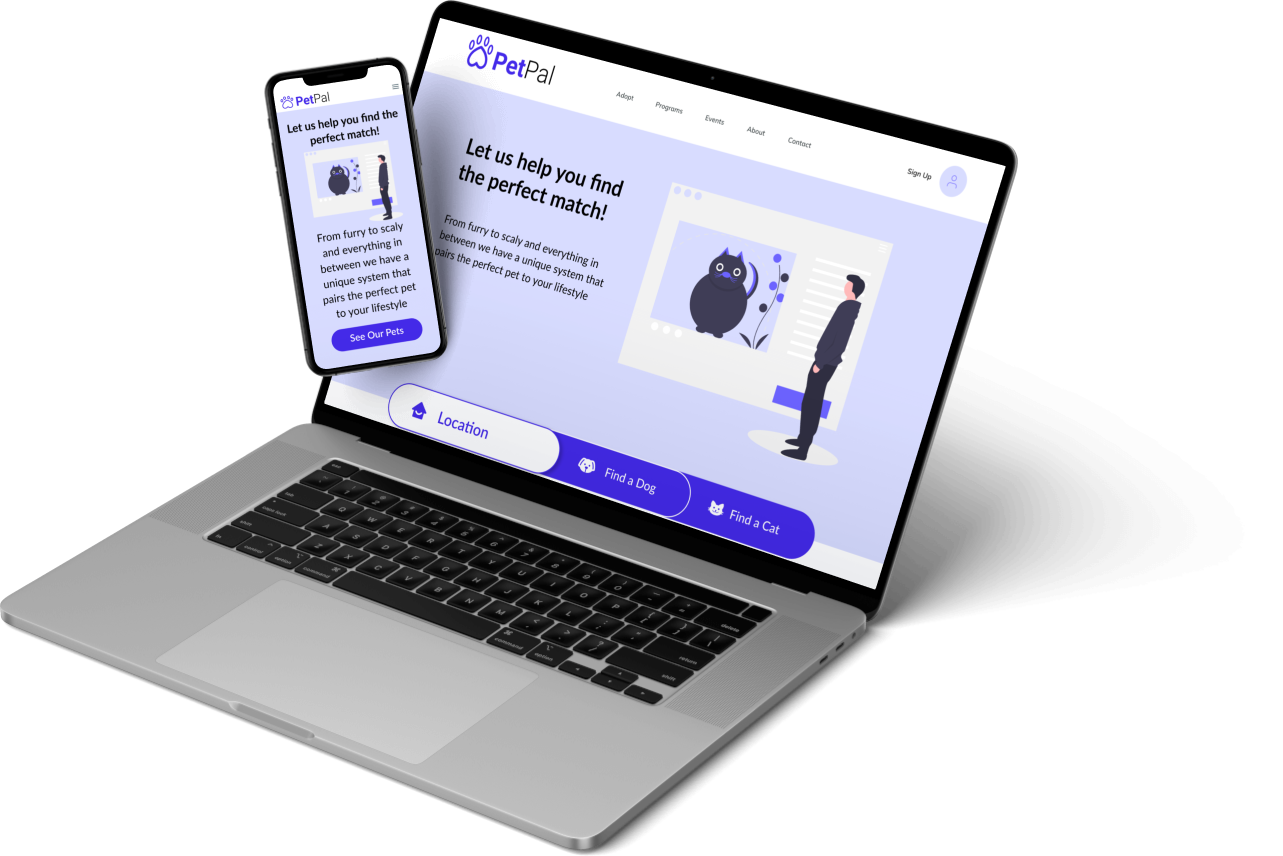 Pet pal web application mockups shown on mobile and laptop