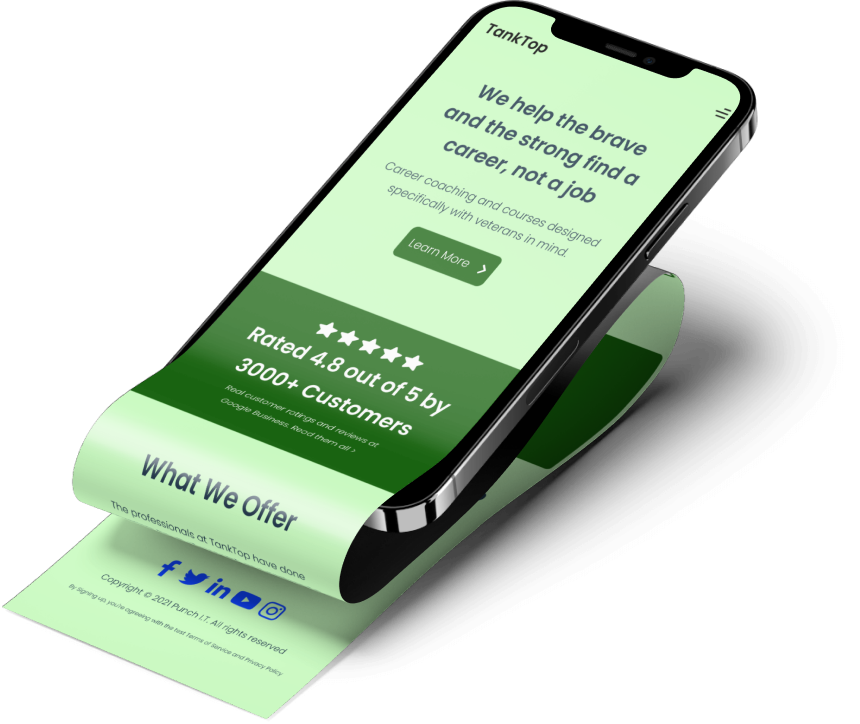 Tank top web application home page shown mobile to demonstrate responsiveness.