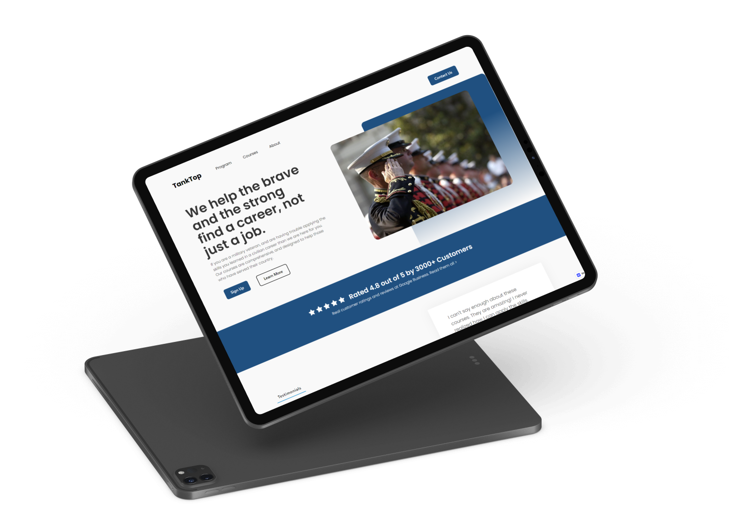 A mockup on a tablet showing the home page of the Tank top website