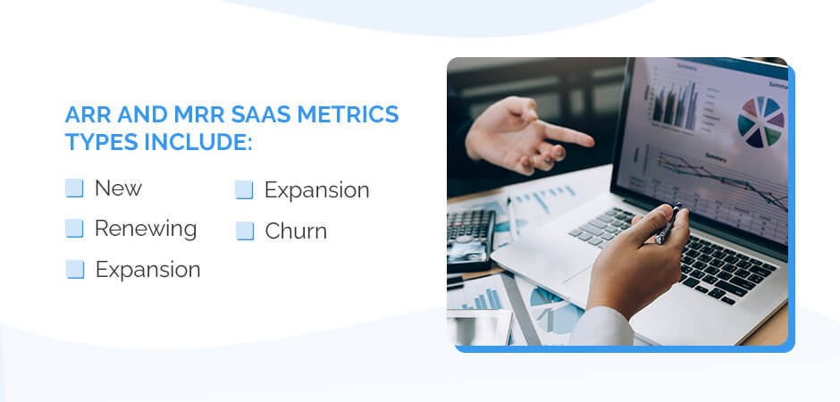 ARR and MRR Saas Metric Types include new, renewing, expansion, contraction, and churn