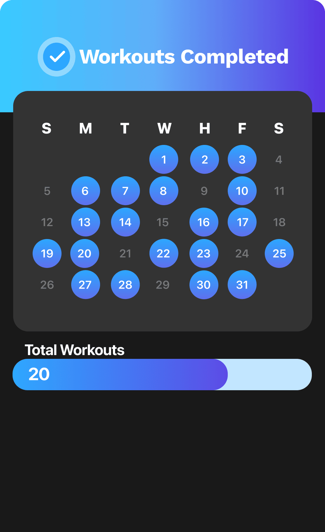 Calendar showing workouts after Spotter