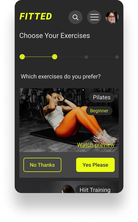 High fidelity mobile screen offering user a choice of recommended exercises