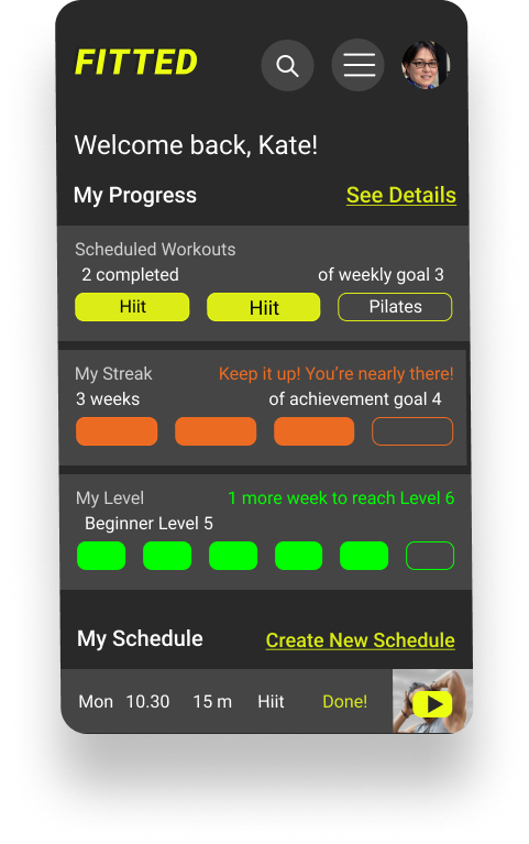 High fidelity mobile screen: the user dashboard