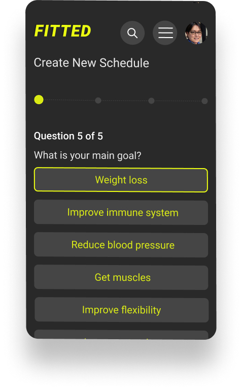 High fidelity mobile screen showing question user answers to create personal schedule