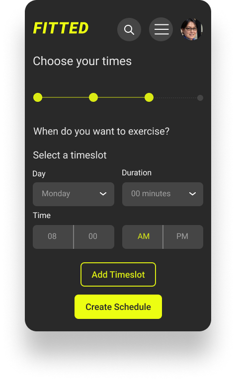 High fidelity mobile screen asking user to input their available times for exercise
