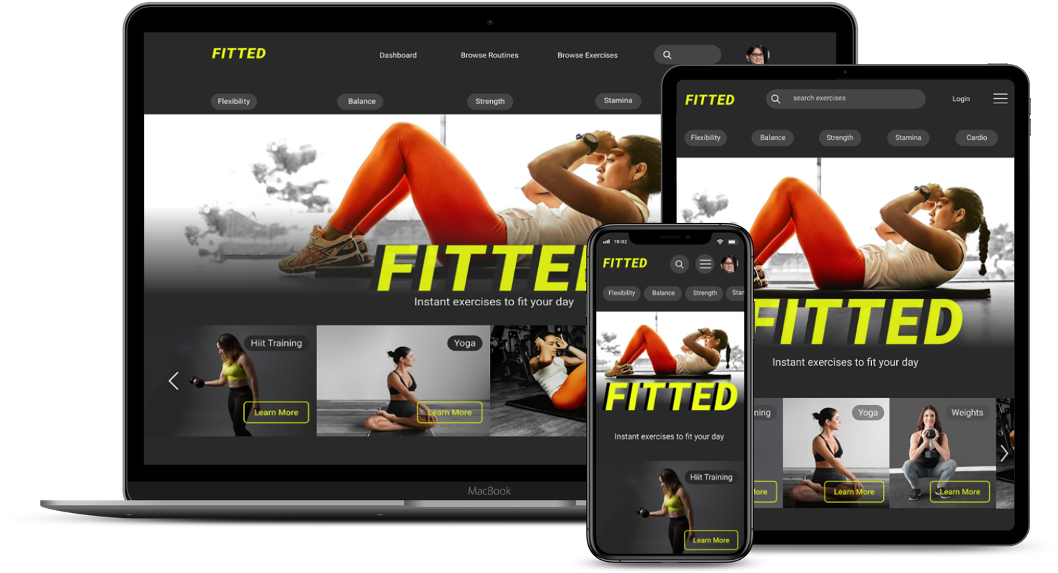 Mockup of home page on a Macbook pro, ipad and iphone.