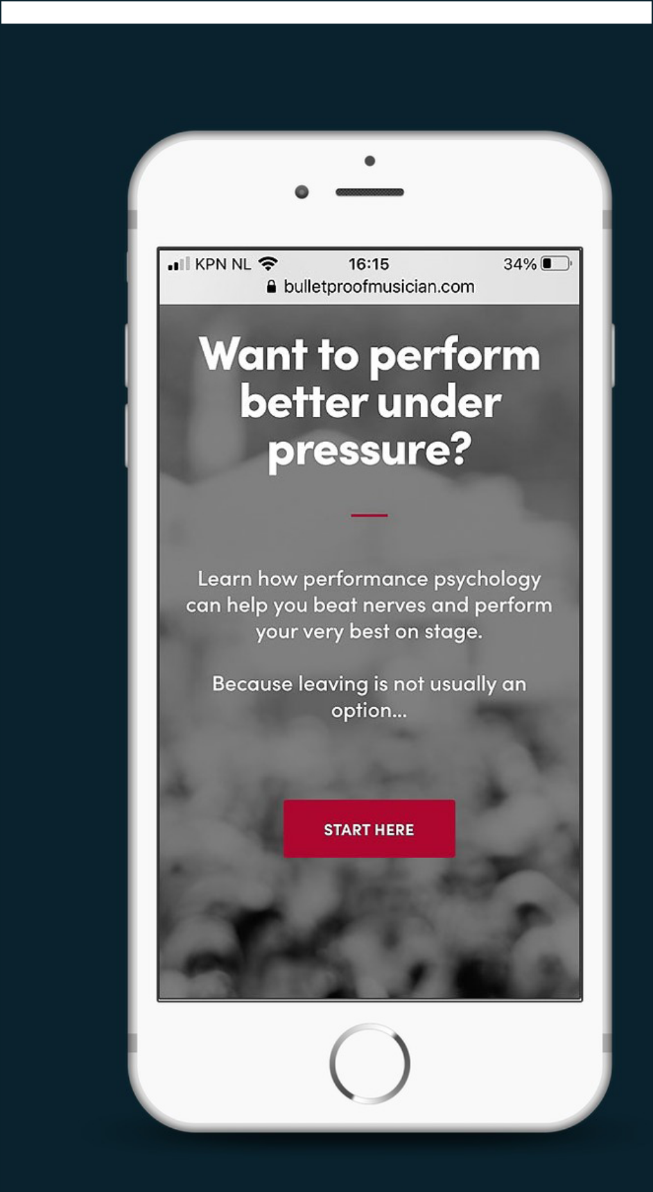 Iphone mockup of Bulletproof musician homepage