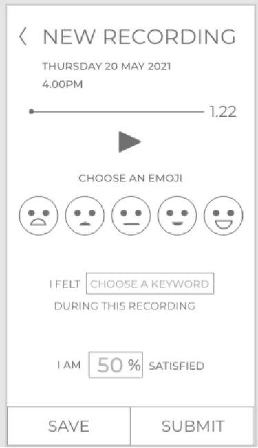 Mid fidelity mobile wireframe showing quick assessment that user can do, optionally, after they record